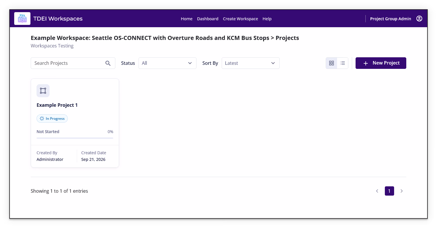 Workspace Projects page showing project search, status and sort controls, layout controls, New Project, a project card, and pagination