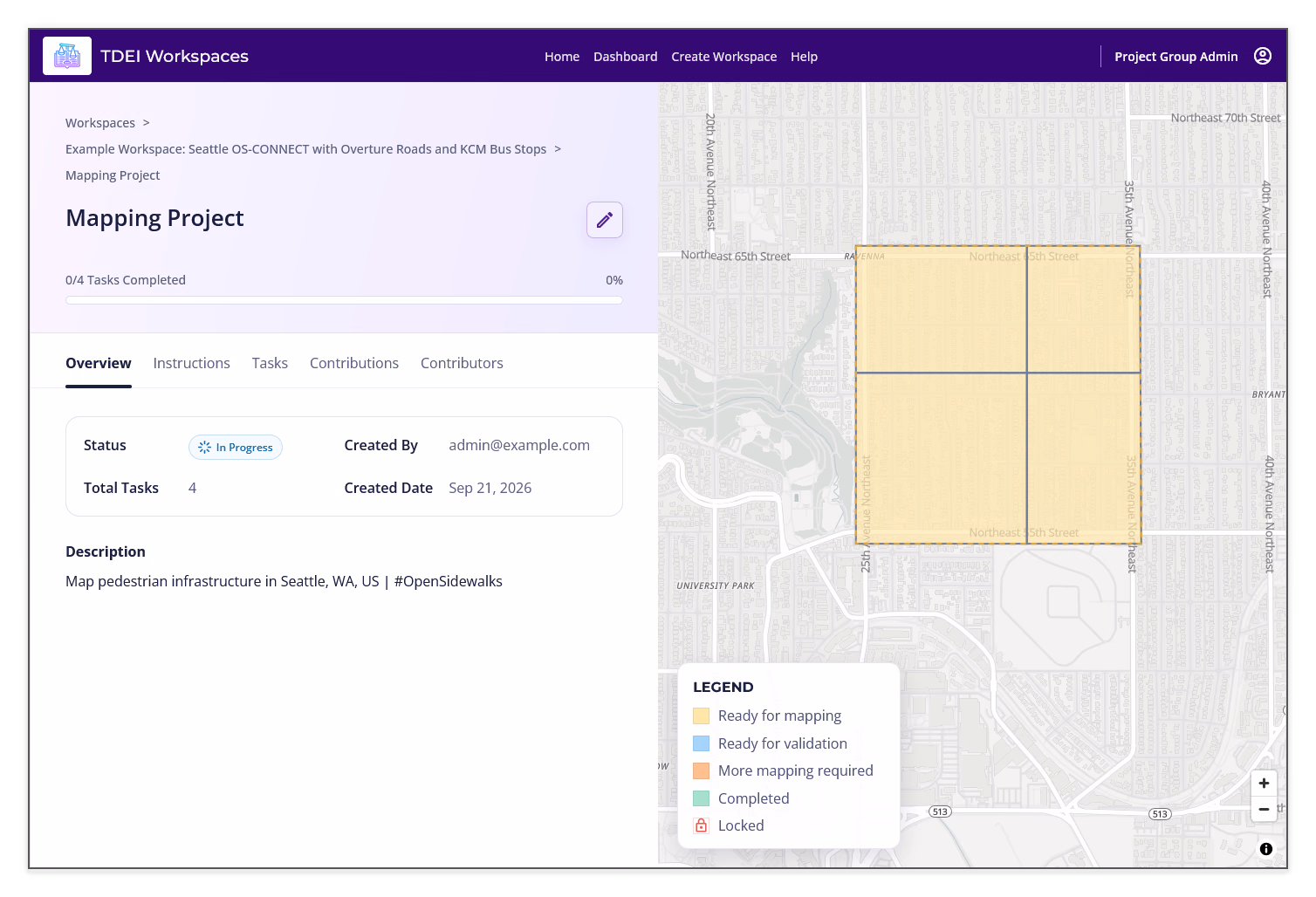 Project Overview tab showing project metadata, description, task area, progress, and task status legend