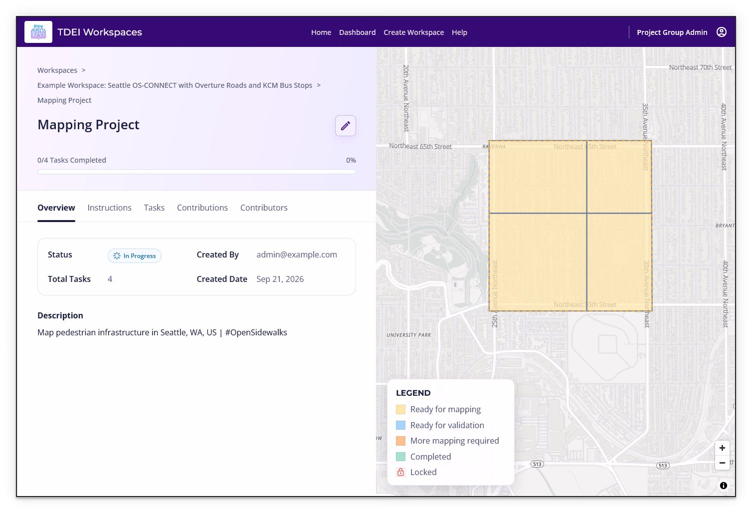 Project Overview tab showing project metadata, description, task area, progress, and task status legend