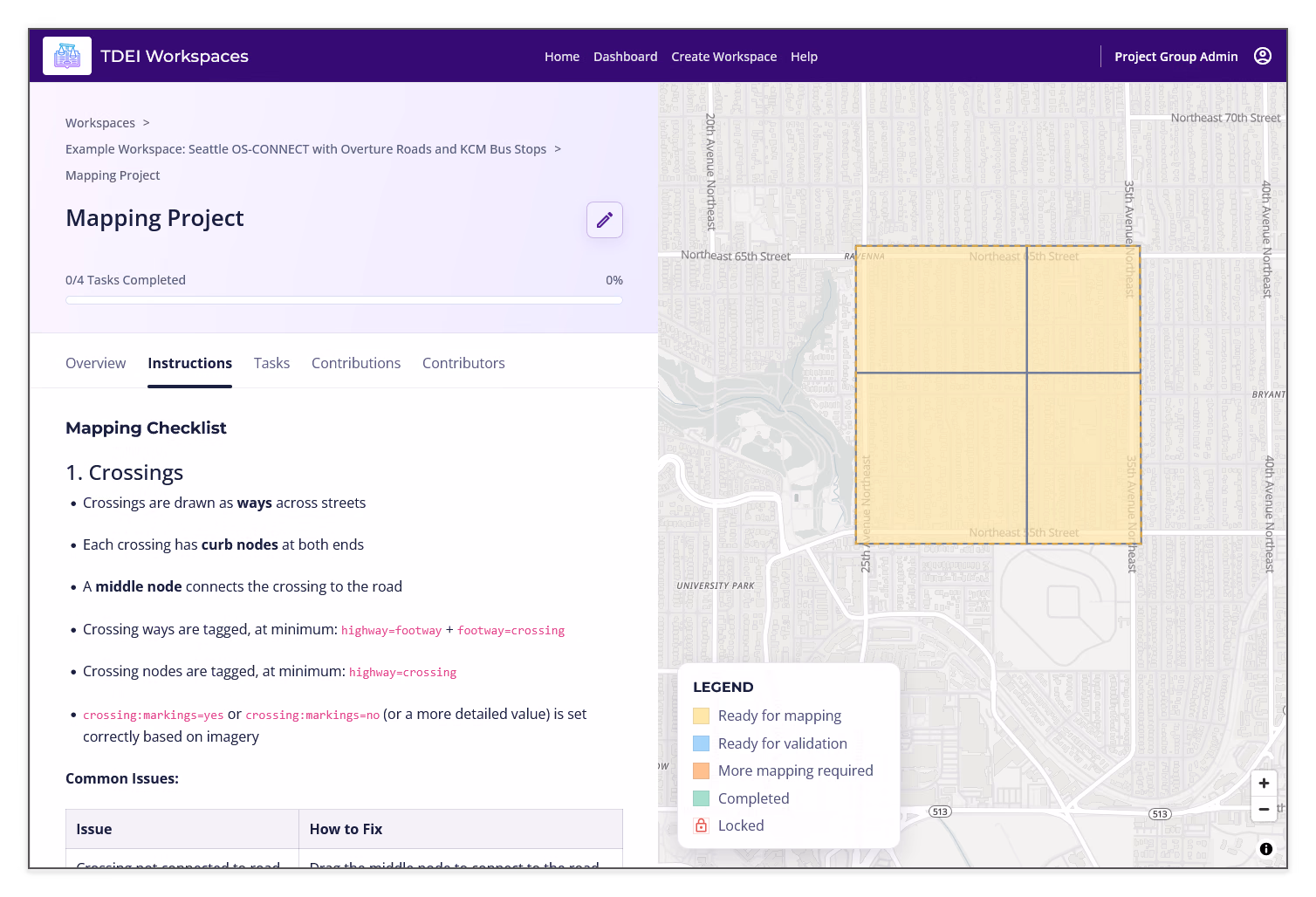 Project Instructions tab showing rich-text mapping guidance and a common-issues table