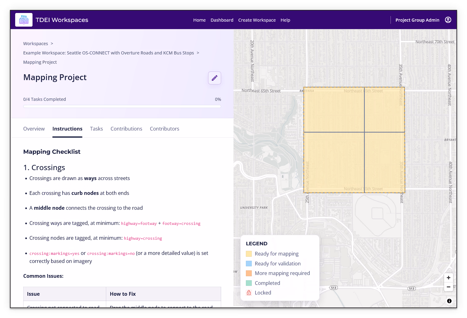 Project Instructions tab showing rich-text mapping guidance and a common-issues table