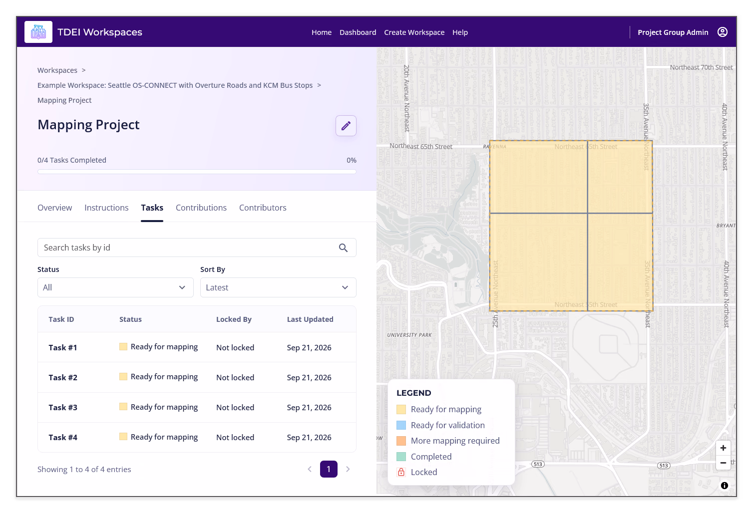 Project Tasks tab showing task search, status and sort controls, task table, lock information, and pagination