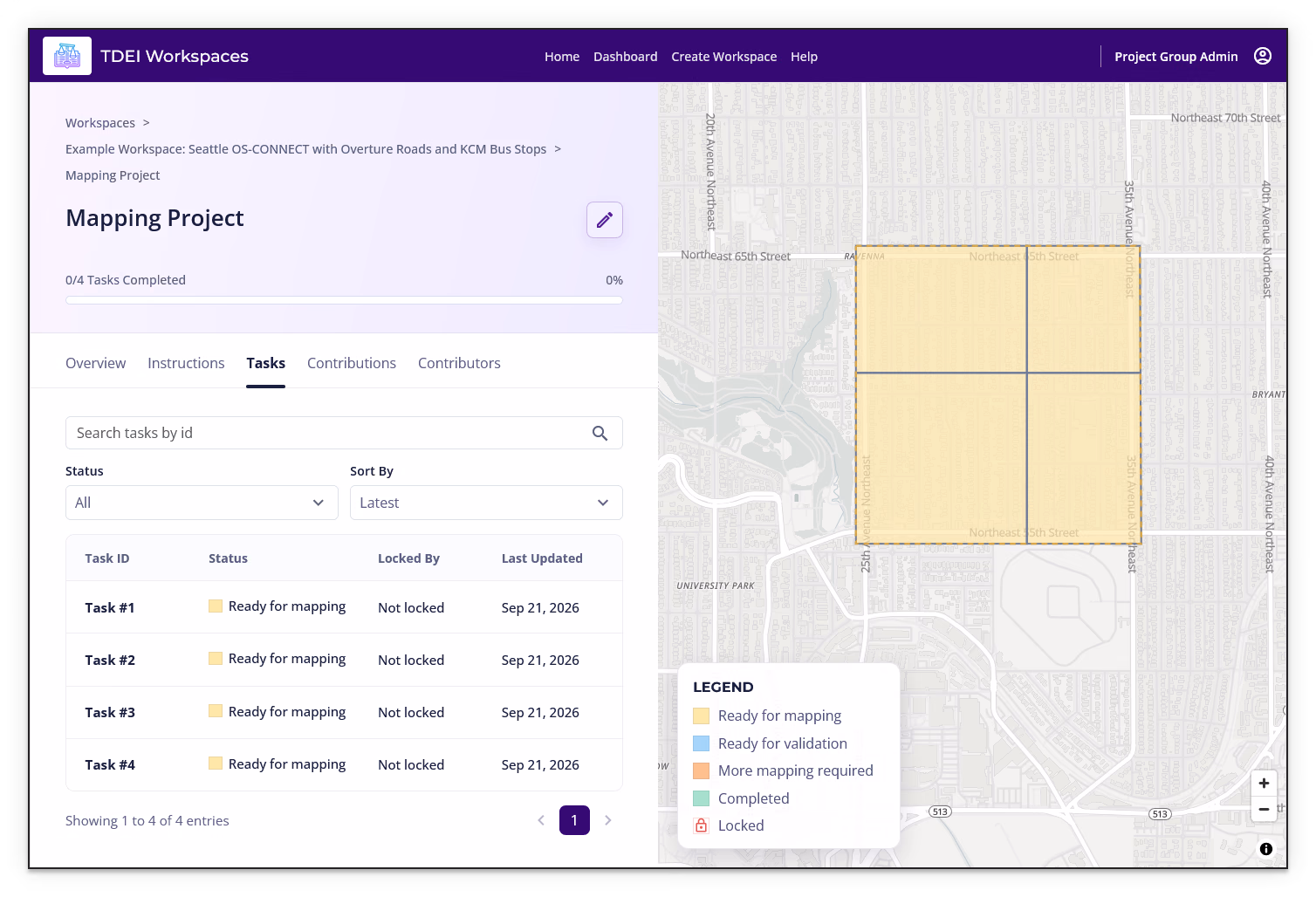 Project Tasks tab showing task search, status and sort controls, task table, lock information, and pagination