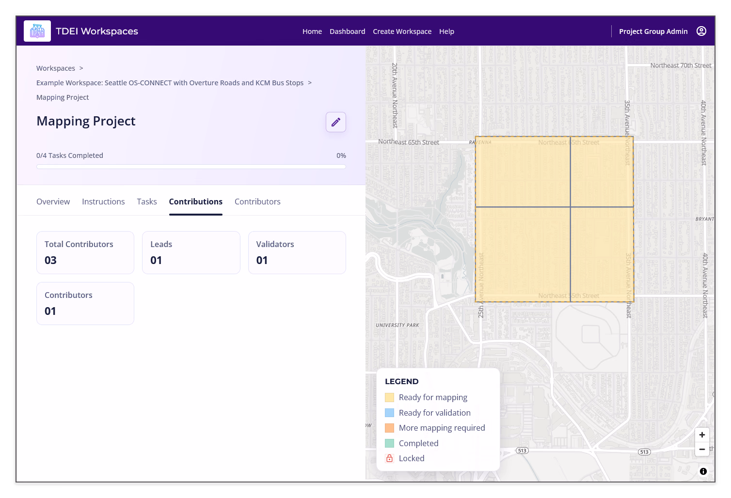Project Contributions tab showing Total Contributors, Leads, Validators, and Contributors summary cards