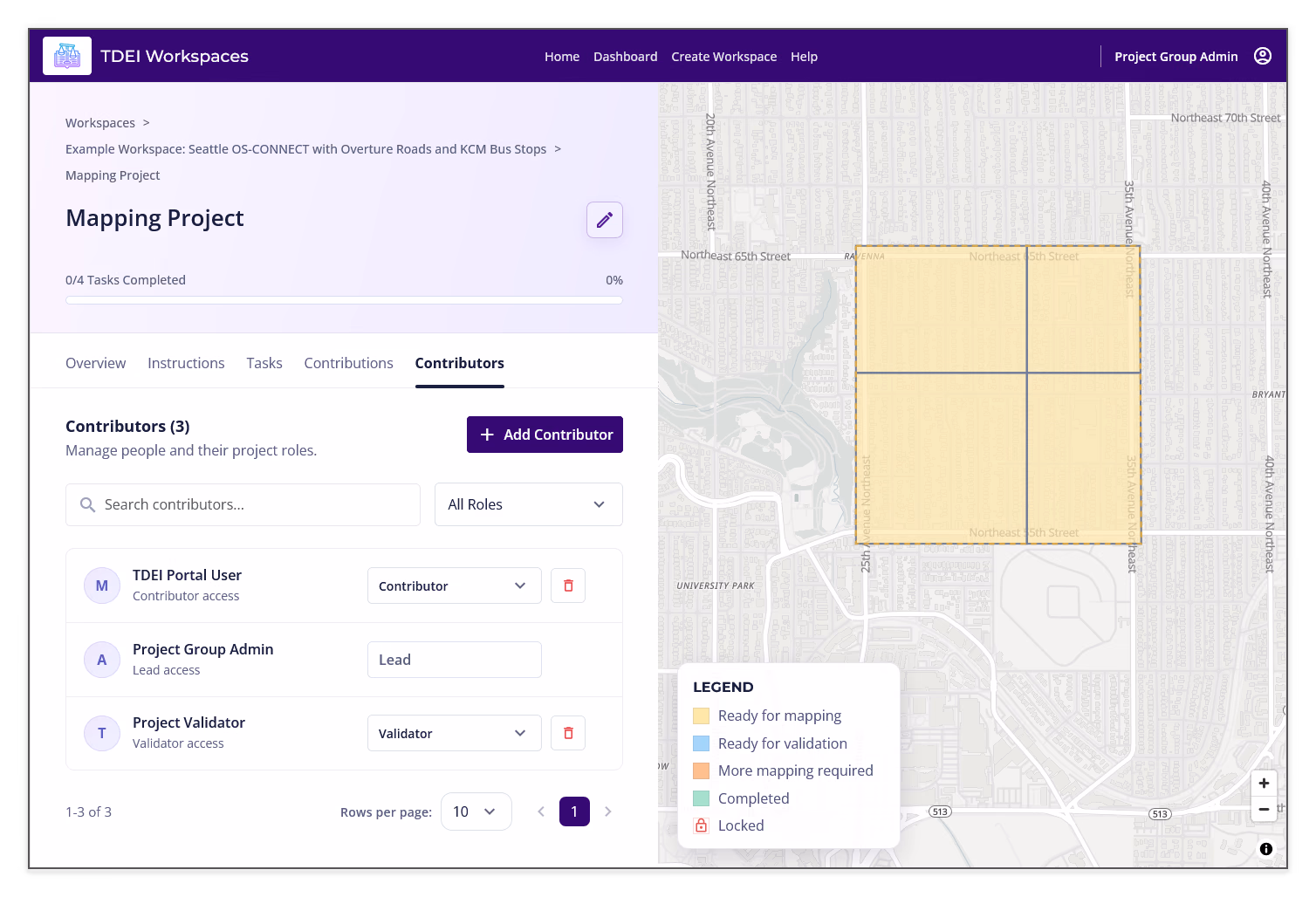 Project Contributors tab showing Add Contributor, contributor search and role filtering, project roles, and remove controls
