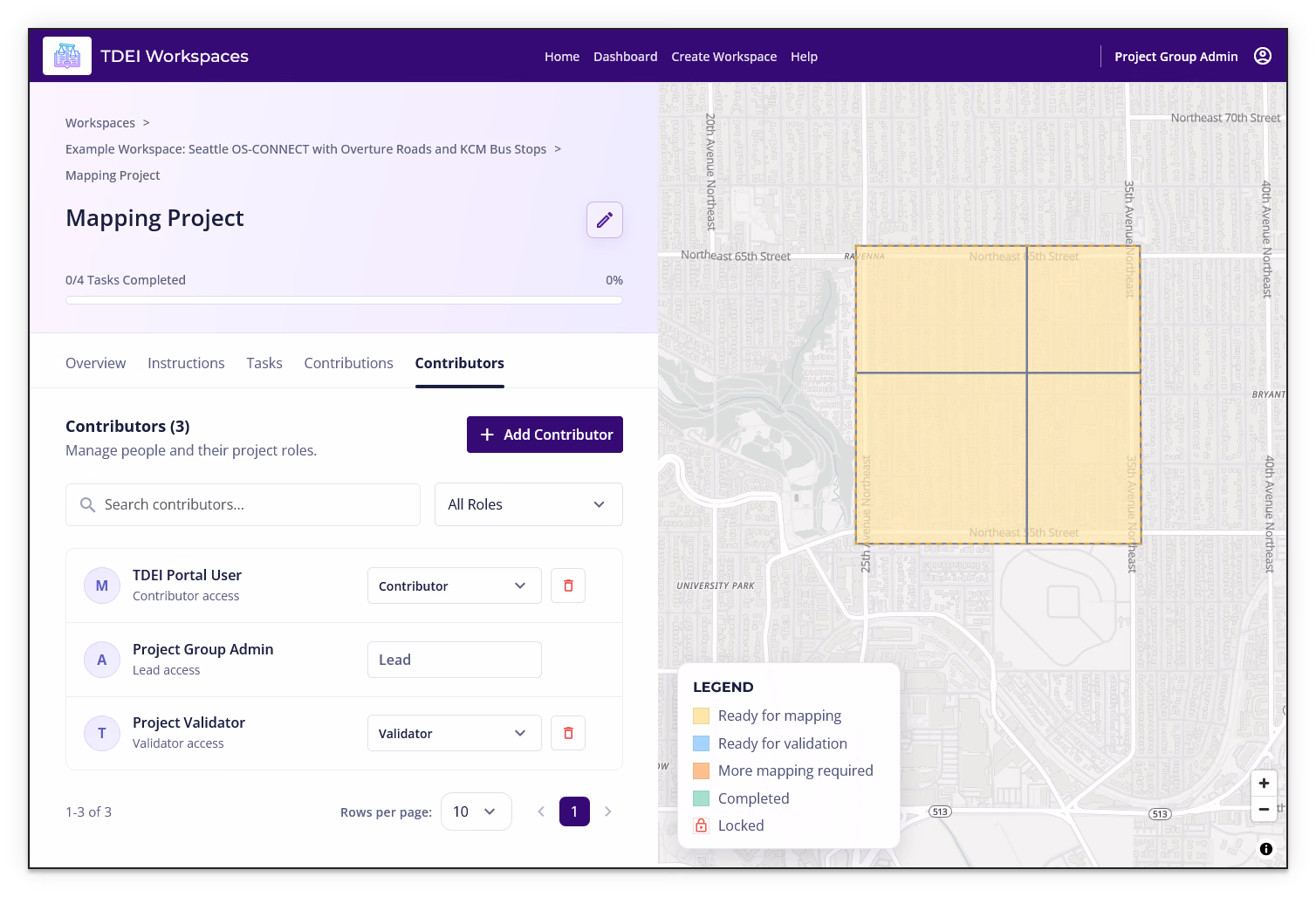 Project Contributors tab showing Add Contributor, contributor search and role filtering, project roles, and remove controls