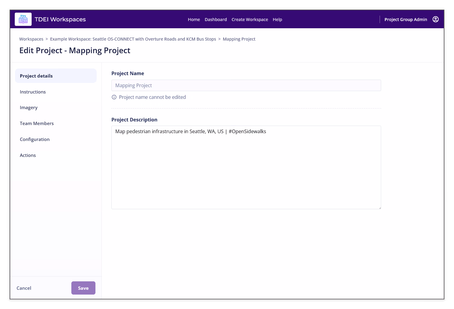 Edit Project Project details section showing the non-editable project name, description field, and Save button
