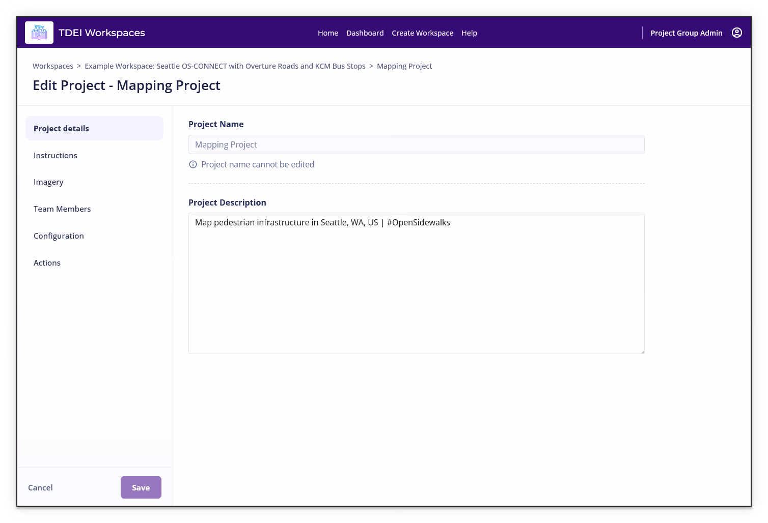 Edit Project Project details section showing the non-editable project name, description field, and Save button