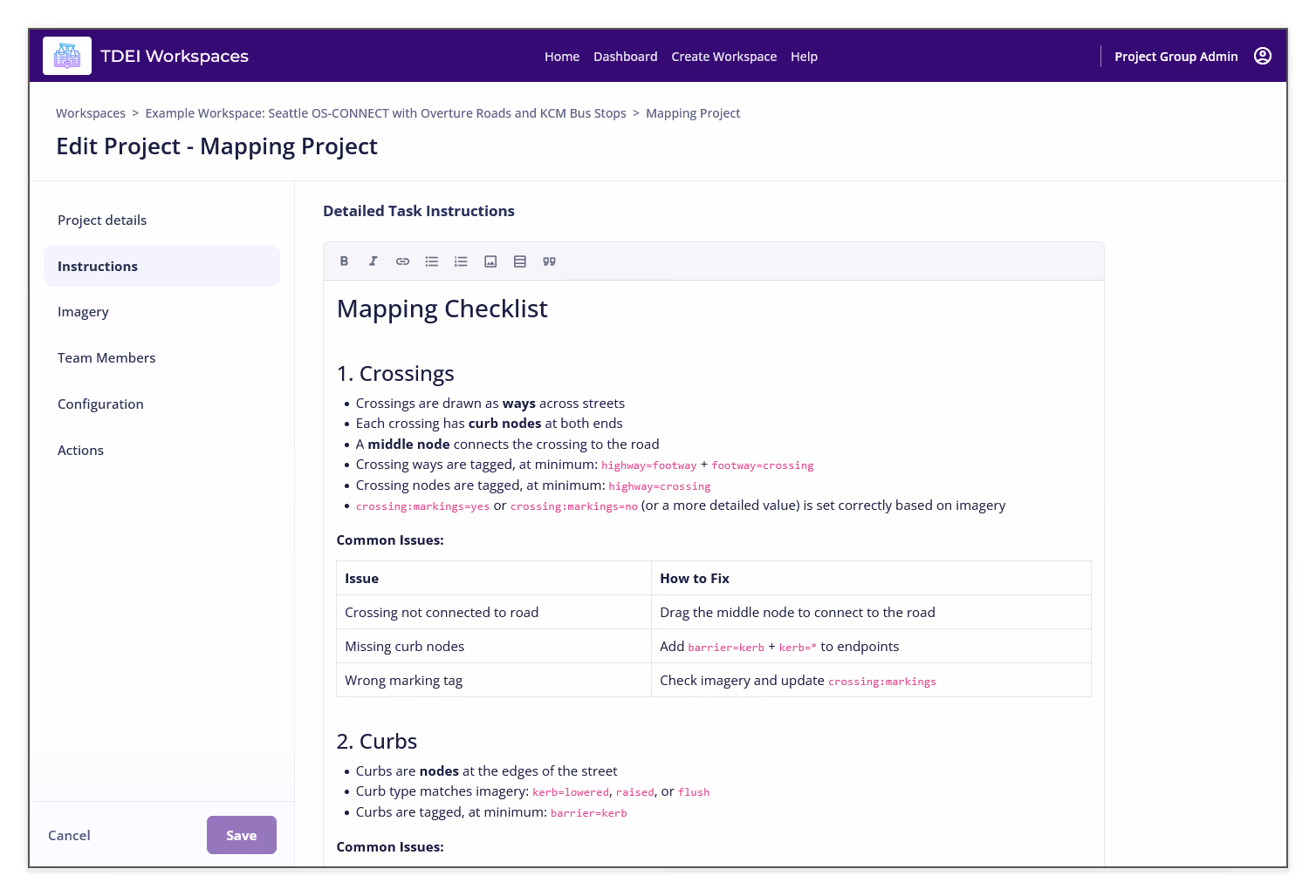 Edit Project Instructions section showing the Detailed Task Instructions rich-text editor