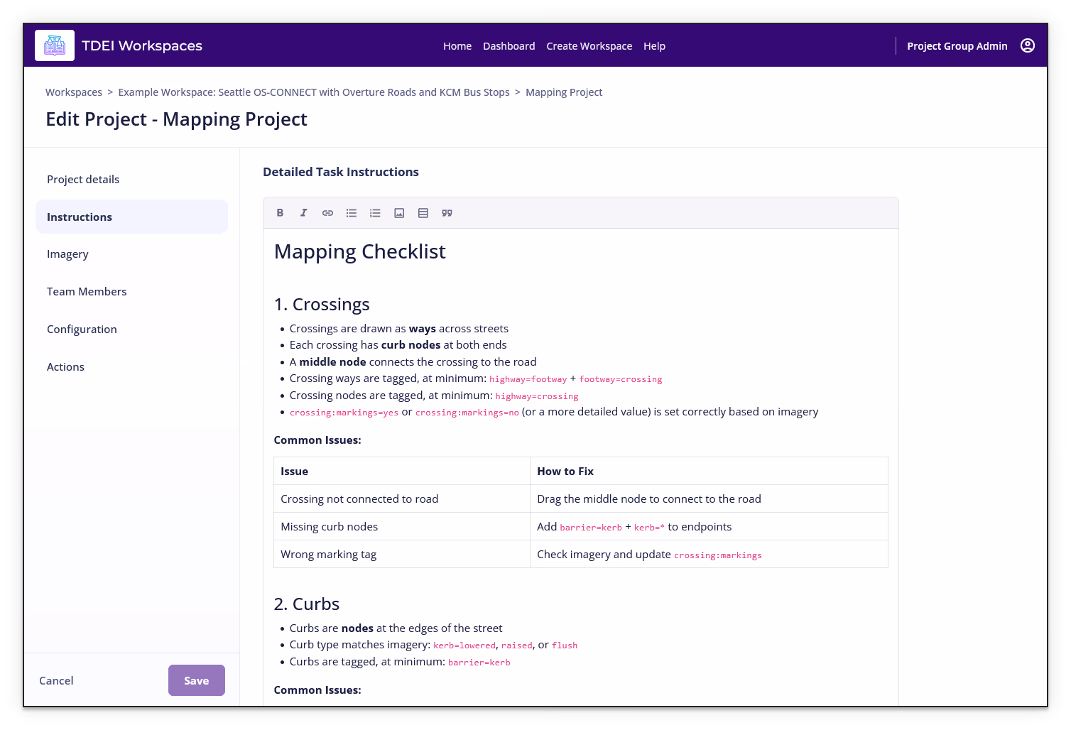 Edit Project Instructions section showing the Detailed Task Instructions rich-text editor
