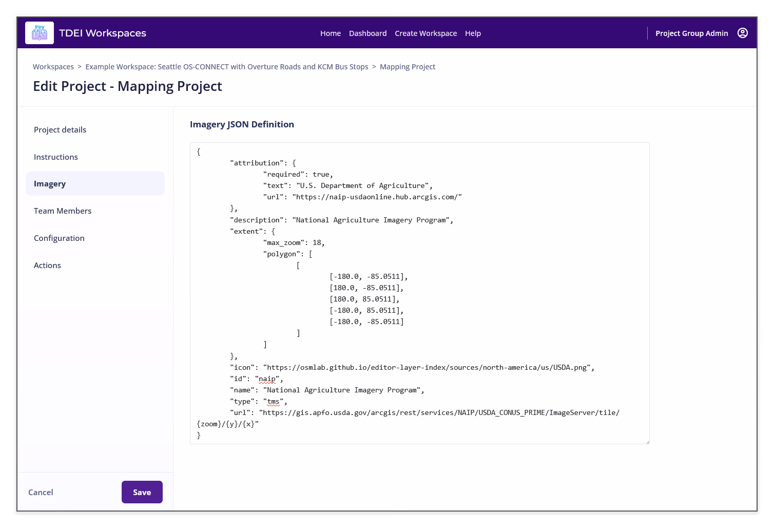 Edit Project Imagery section showing the Imagery JSON Definition editor and Save button