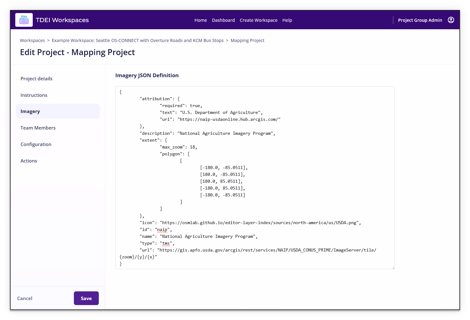 Edit Project Imagery section showing the Imagery JSON Definition editor and Save button