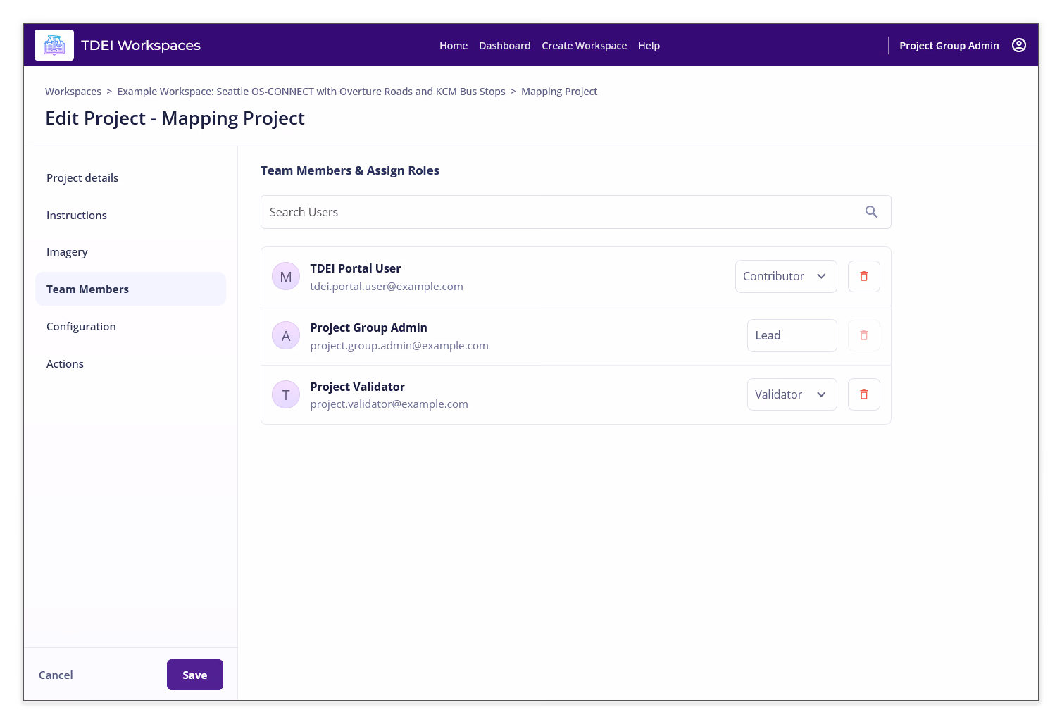 Edit Project Team Members section showing user search, project roles, and remove controls