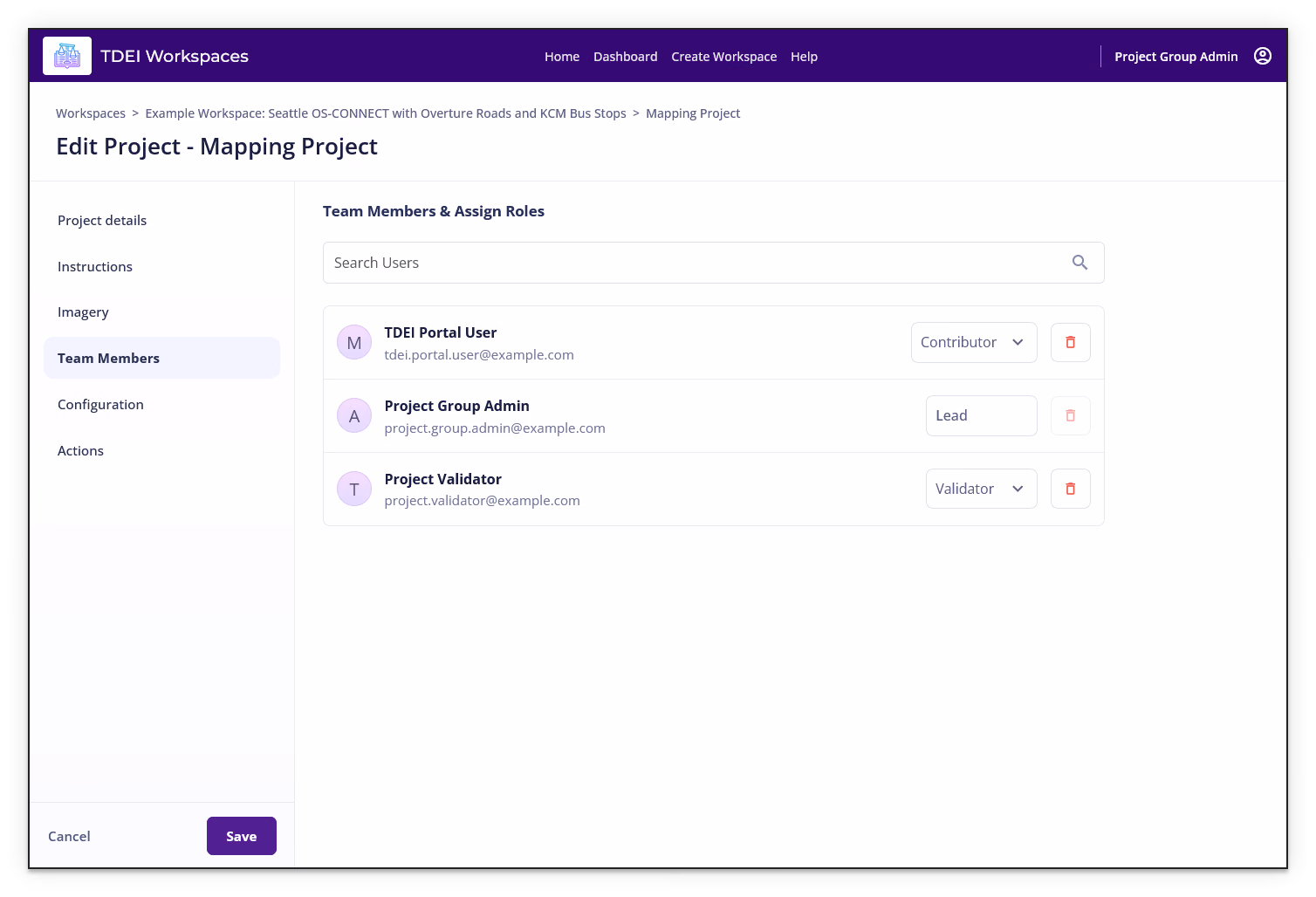 Edit Project Team Members section showing user search, project roles, and remove controls