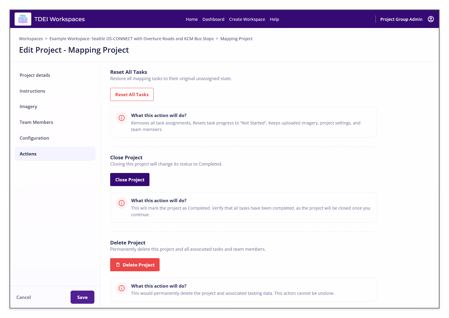 Edit Project Actions section showing Reset All Tasks, Close Project, Delete Project, and action warnings