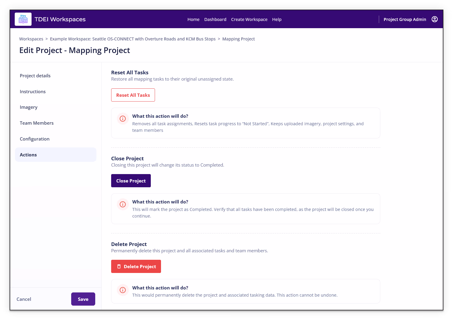 Edit Project Actions section showing Reset All Tasks, Close Project, Delete Project, and action warnings