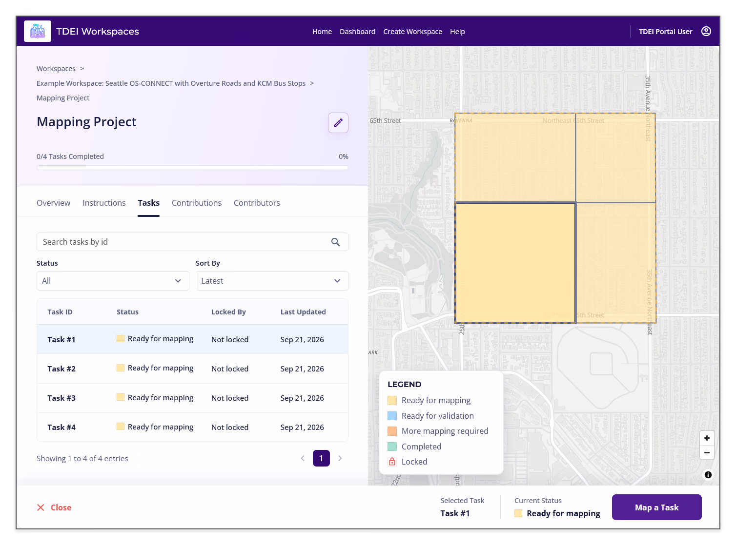 Selected project task showing the highlighted task area, Ready for mapping status, Close, and Map a Task