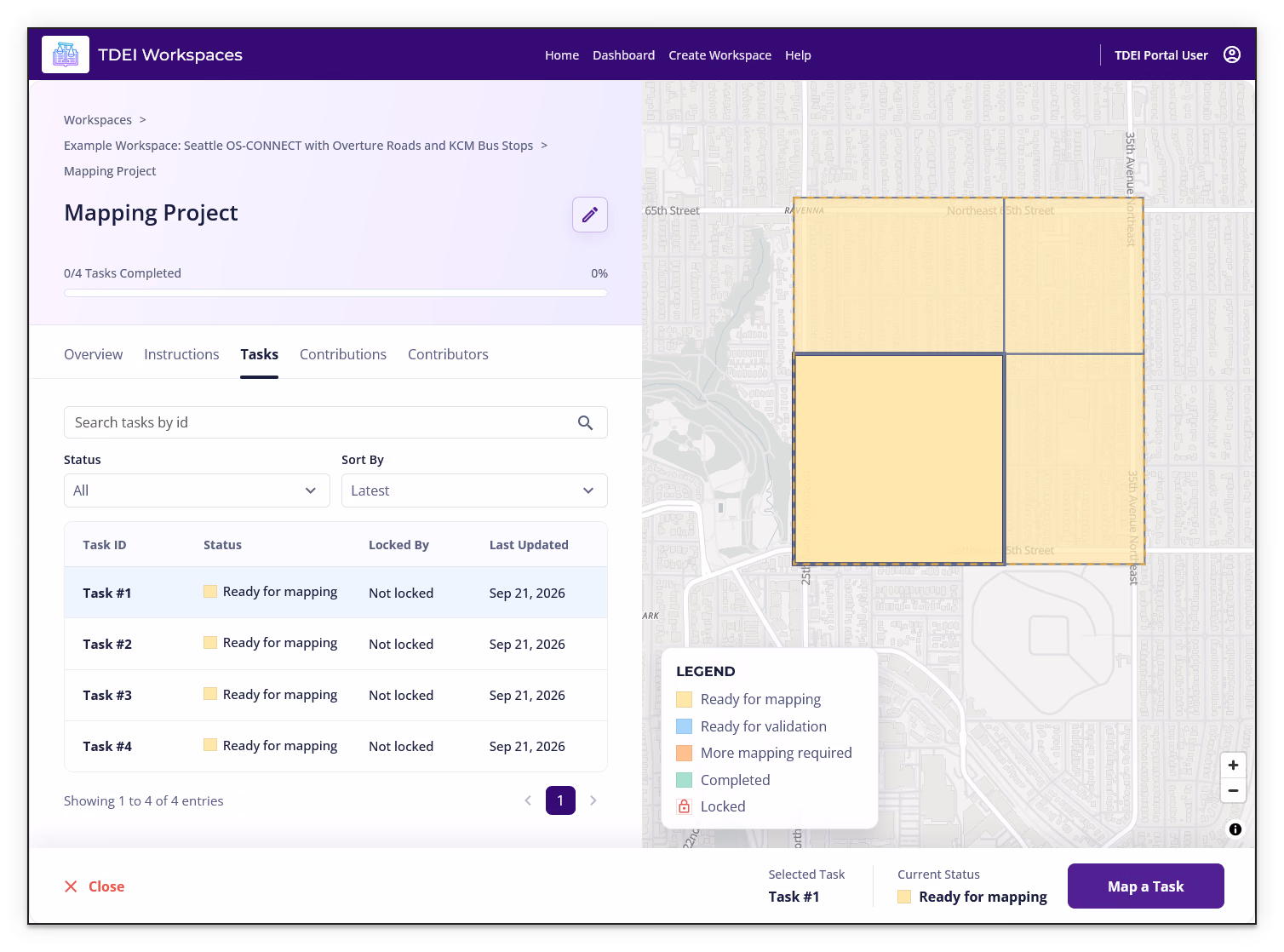 Selected project task showing the highlighted task area, Ready for mapping status, Close, and Map a Task