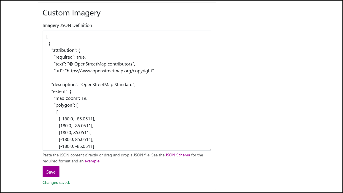 Screenshot of the Custom Imagery section of the Workspace Settings page with a custom imagery definition entered in Imagery JSON Definition.