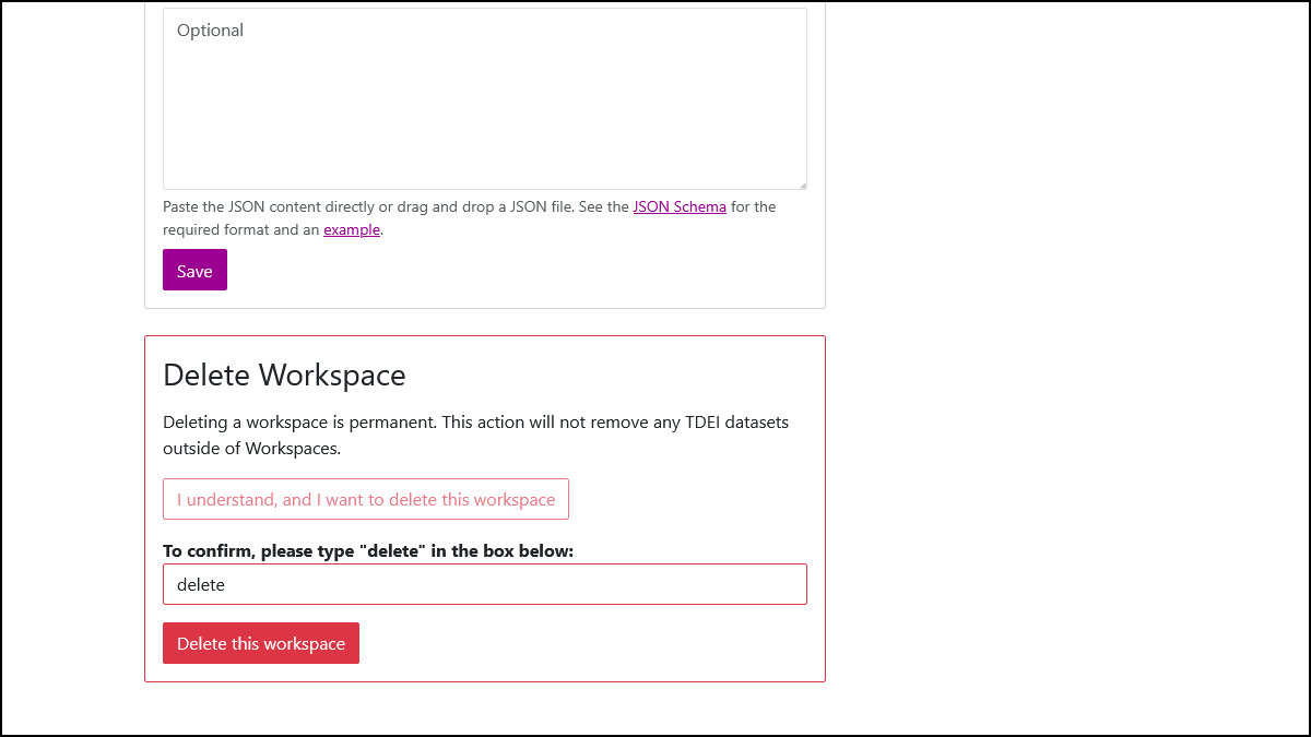 Screenshot of the Delete Workspace section of the Workspace Settings page.