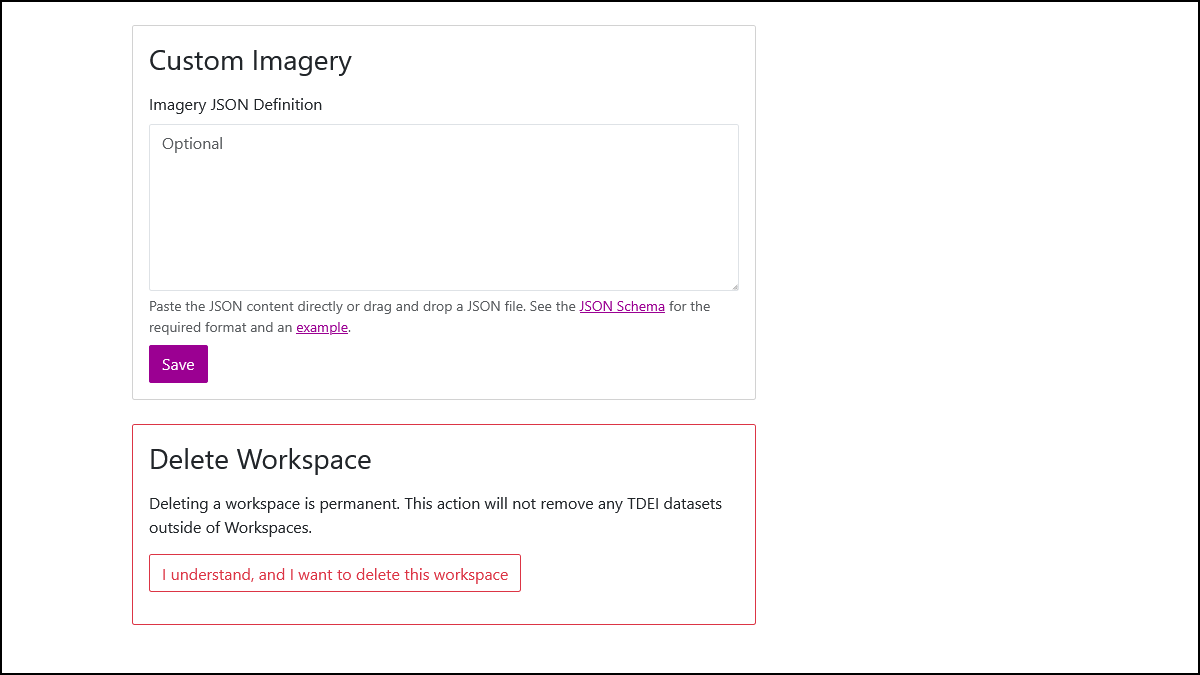 Screenshot of the Delete Workspace section of the Workspace Settings page.