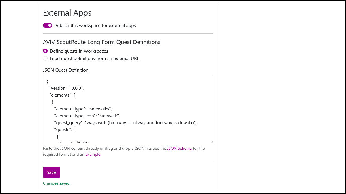 Screenshot of the External Apps section of the Workspace Settings page with the Define button selected and a quest definition entered in JSON Quest Definition.