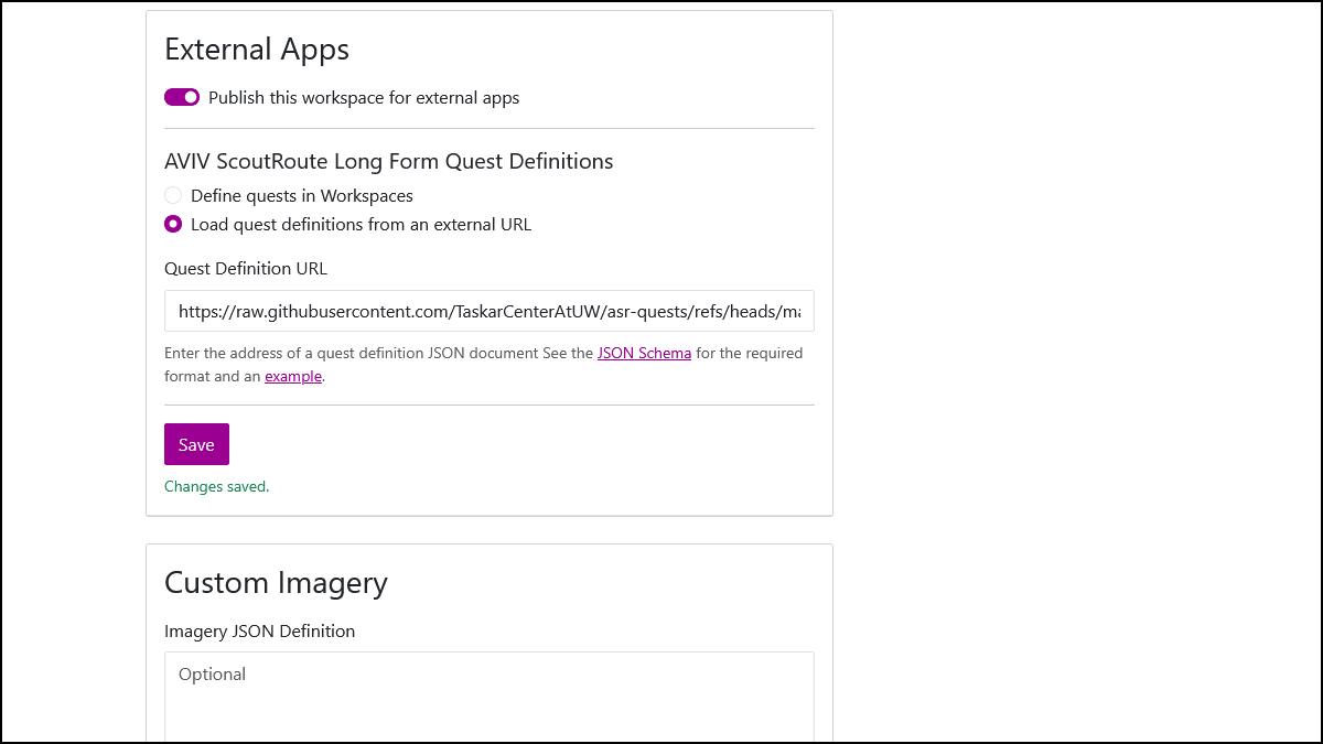 Screenshot of the External Apps section of the Workspace Settings page with the Load button selected and a link to a quest definition entered in Quest Definition URL.