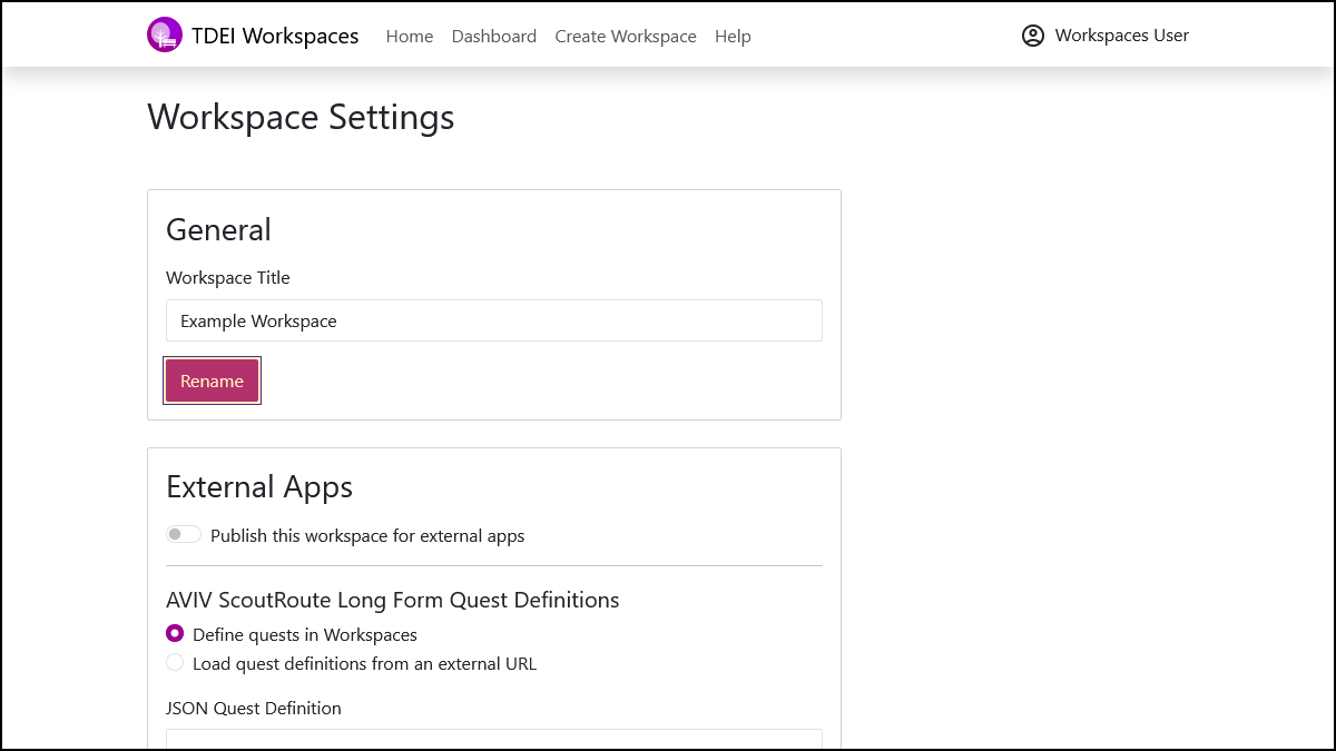 Screenshot of the General section of the Workspace Settings page with a name entered in Workspace Title and the Rename button highlighted.