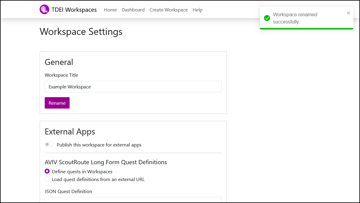 Screenshot of the General section of the Workspace Settings page with a name entered in Workspace Title and the Rename Success toast.
