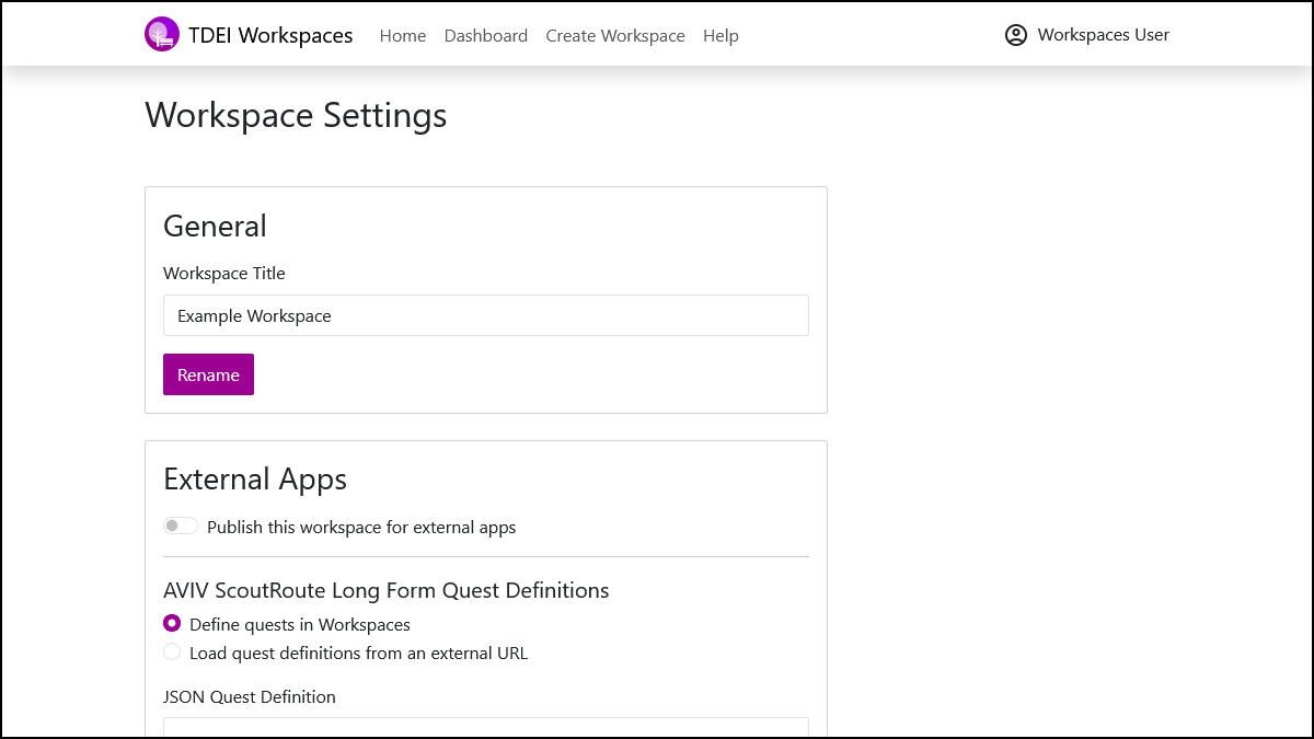 Screenshot of the General section of the Workspace Settings page in Workspaces.