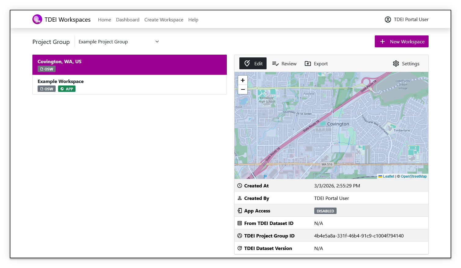 TDEI Workspaces dashboard showing the Covington, WA, US OSW workspace selected, with a map preview of the Covington area and workspace metadata including creation date and project group ID